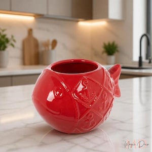 May include: A bright red ceramic fish-shaped bowl featuring a textured surface with embossed anchor motifs within diamond-shaped patterns. The bowl has a rounded body, a wide circular opening at the top, and a small fin detail on the side.