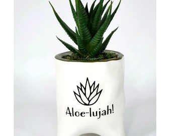 Aloe-Lujah! artificial Succulent Arrangement, Ceramic Planter, Funny Planter, Artificial Aloe Plant with Pot, Gift, Home Decor, Office decor