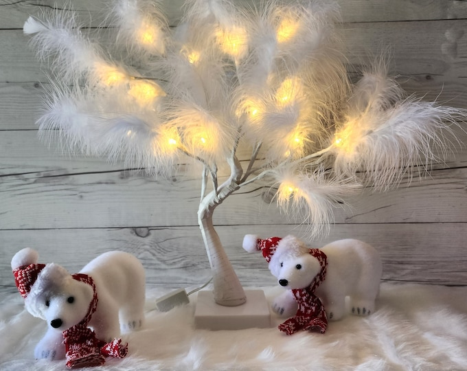 White Feather Christmas Tree With Lights, White Feather Tabletop