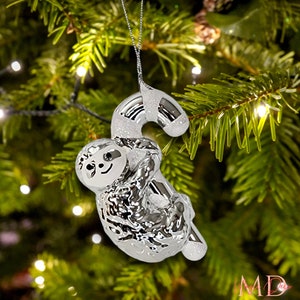 Sloth Ornaments, Christmas Ornaments, Silver Sloth, Christmas Tree Hanging Ornaments, Animal Figure for Christmas Tree