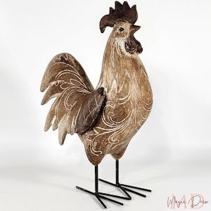 Wooden imitation rooster statue, imitation wood rooster figure, rooster decoration, home decoration, patio decoration, farm animal decor.