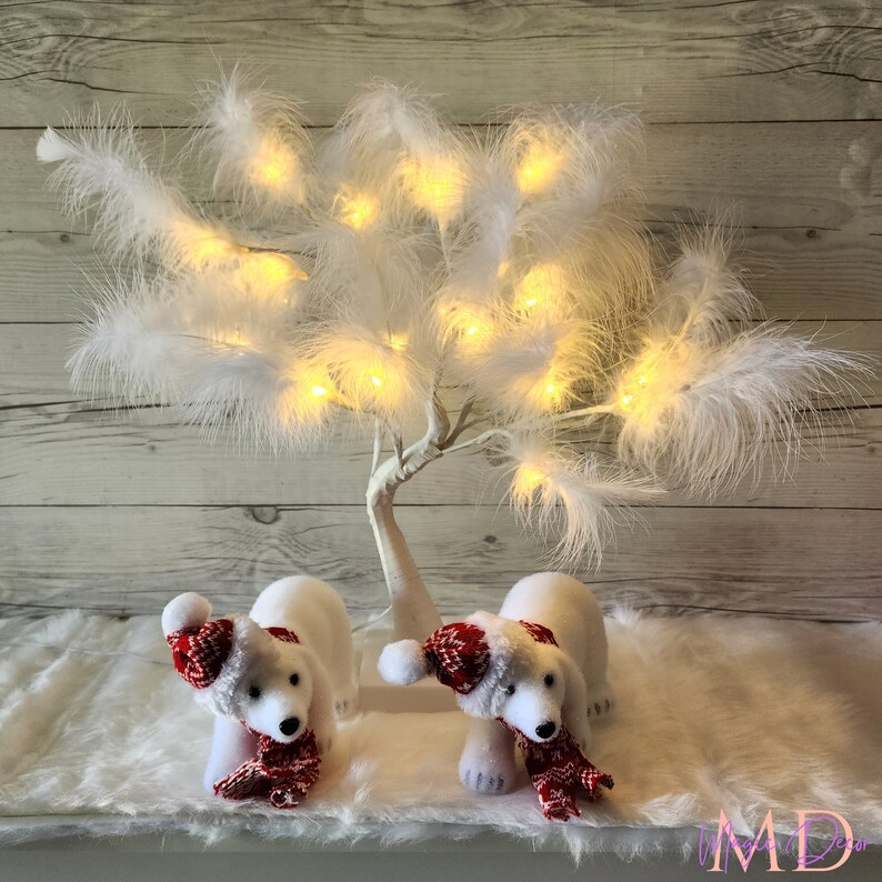 White Feather Christmas Tree With Lights, White Feather Tabletop