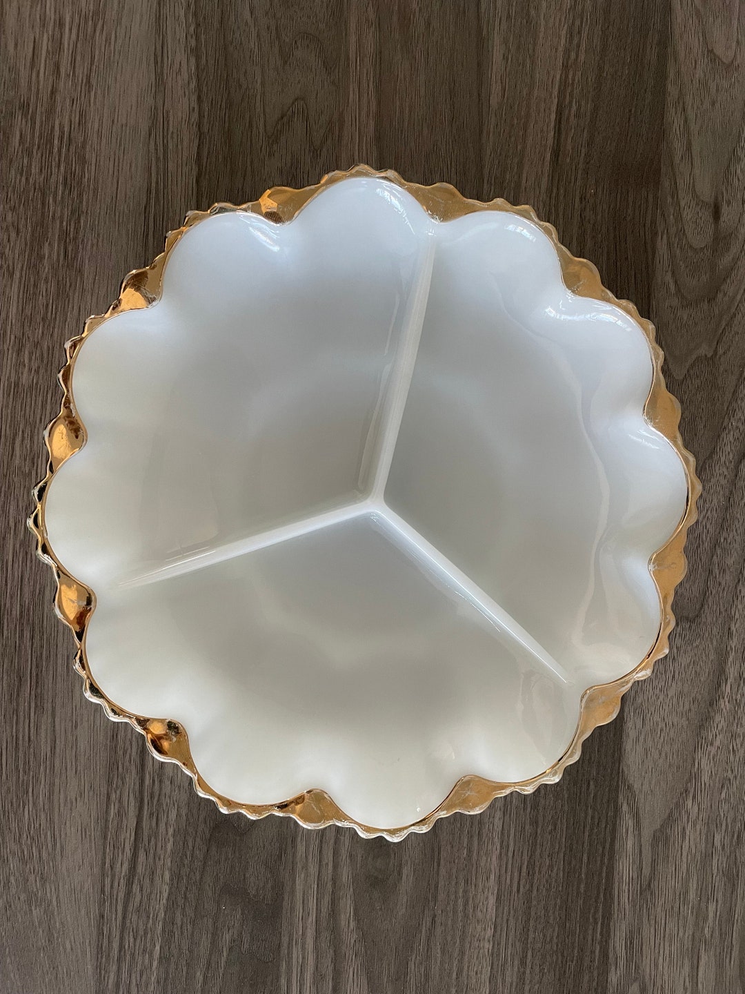Milk Glass Bowl Gold Trim Divided Relish Dish Vintage Milk Glass