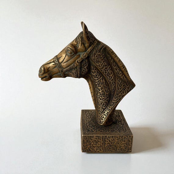 Antique Brass Horse Head Sculpture with Arabic Calligraphy