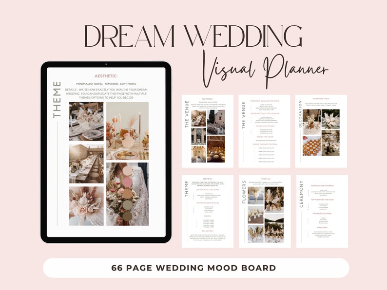 May include: A digital wedding planner with a 66-page mood board. The planner includes sections for the theme, venue, flowers, ceremony, and decorations. The mood board features images of a wedding in a rustic setting with a boho aesthetic.