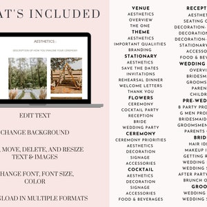 May include: A digital checklist for wedding planning, with sections for the ceremony, reception, venue, stationery, flowers, bride, groom, and pre-wedding events. The checklist includes items such as aesthetics, decorations, seating chart, and more.