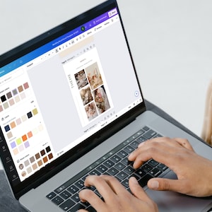 May include: A person using a laptop computer to edit a digital photo collage. The collage features a variety of images, including a bouquet of flowers, a cake, and a table setting. The laptop screen shows a colour palette with various shades of brown, beige, and pink.