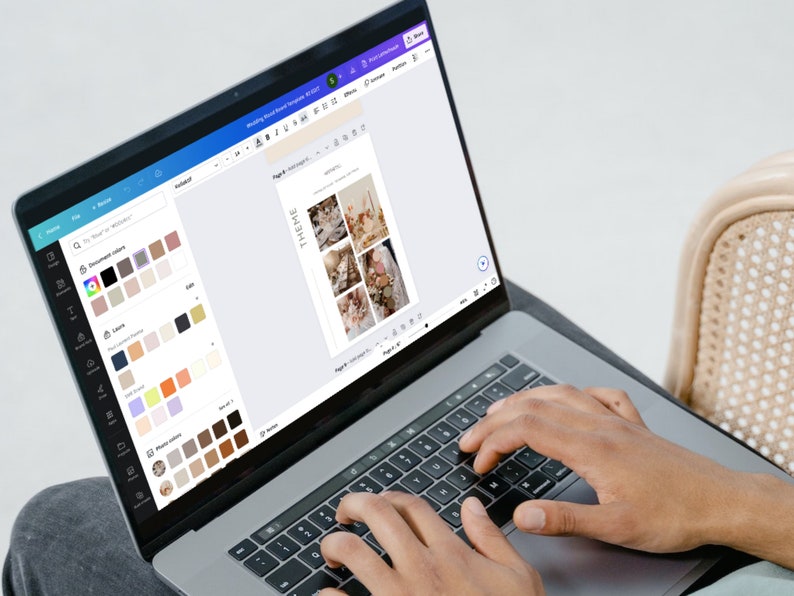 May include: A person using a laptop computer to edit a digital photo collage. The collage features a variety of images, including a bouquet of flowers, a cake, and a table setting. The laptop screen shows a colour palette with various shades of brown, beige, and pink.