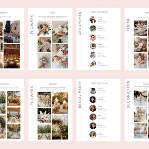 May include: A wedding planning mood board featuring images of a rustic venue, floral arrangements, and a bridal party. The board is divided into sections for the ceremony, reception, flowers, and the bridal party.