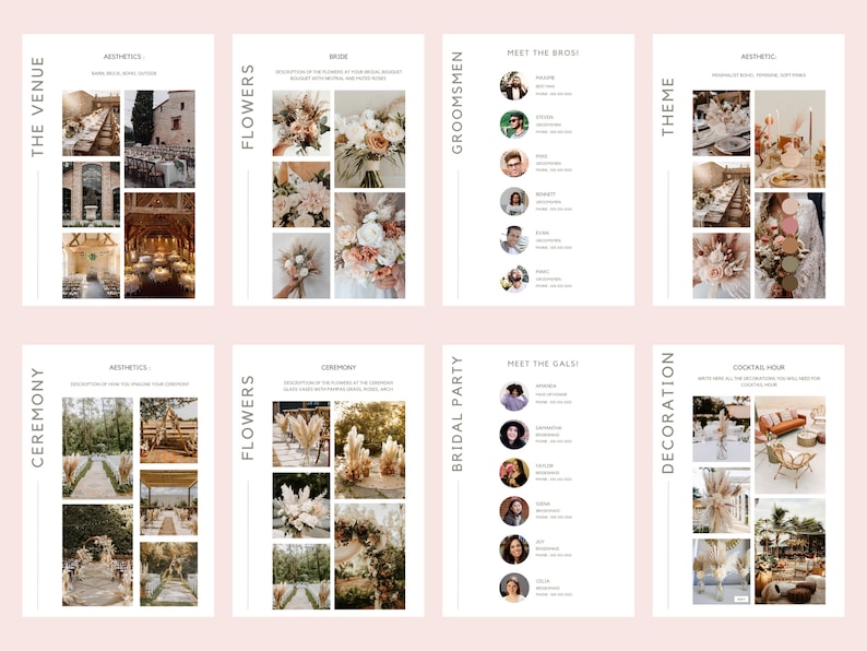May include: A wedding planning mood board featuring images of a rustic venue, floral arrangements, and a bridal party. The board is divided into sections for the ceremony, reception, flowers, and the bridal party.