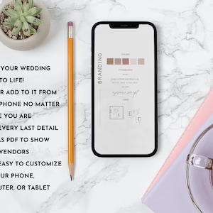 May include: A smartphone displaying a wedding branding template with a colour palette, typography, and logo design. The text on the screen reads "Branding", "Colours", "Typography", "Logo", "Use uppercase Helvetica Regular with 200 spacing", "eyoume script", and "E E E".