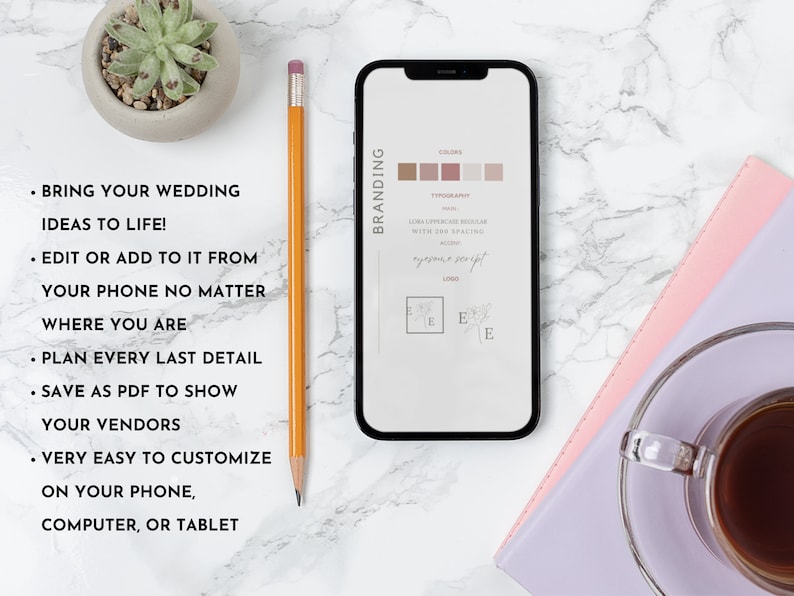 May include: A smartphone displaying a wedding branding template with a colour palette, typography, and logo design. The text on the screen reads "Branding", "Colours", "Typography", "Logo", "Use uppercase Helvetica Regular with 200 spacing", "eyoume script", and "E E E".