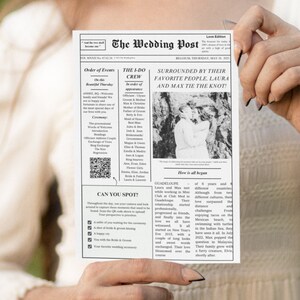 Op de afbeelding: Een zwart-witte krantenadvertentie voor een bruiloft. De kop luidt "Omringd door hun favoriete mensen, trouwen Laura en Max!" De advertentie bevat een foto van het paar en details over hun huwelijksceremonie en receptie.