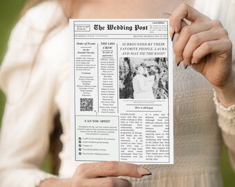 Puede incluir: Un anuncio de boda en blanco y negro en un periódico. El titular dice "Rodeados de su gente favorita, Laura y Max se casan!" El anuncio incluye una foto de la pareja y detalles sobre su ceremonia de boda y su recepción.