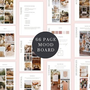May include: A 66-page mood board for a wedding, featuring images of a rustic venue, floral arrangements, signage, and other details. The mood board includes sections for the ceremony, cocktail hour, reception, and more.
