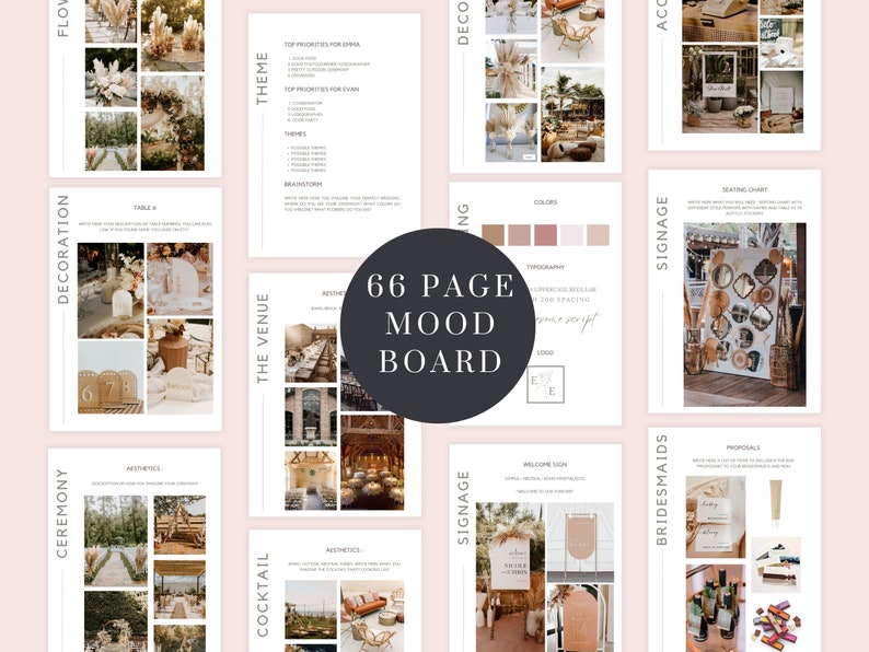 May include: A 66-page mood board for a wedding, featuring images of a rustic venue, floral arrangements, signage, and other details. The mood board includes sections for the ceremony, cocktail hour, reception, and more.