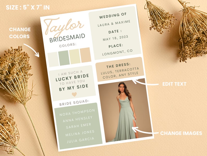 Wedding Bridesmaids Info Card Template Asking Bridesmaid Etsy