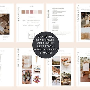 May include: A wedding planning guide with sections for branding, stationery, ceremony, reception, wedding party, and more. The guide includes a colour palette, typography, logo, and examples of invitations, table numbers, and signage.