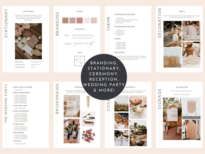 May include: A wedding planning guide with sections for branding, stationery, ceremony, reception, wedding party, and more. The guide includes a colour palette, typography, logo, and examples of invitations, table numbers, and signage.