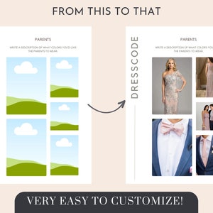 May include: A guide for wedding dress codes with a section for parents. The left side shows a simple illustration of clouds and hills. The right side shows photos of people wearing formal attire. The text says "Write a description of what colours you'd like the parents to wear."
