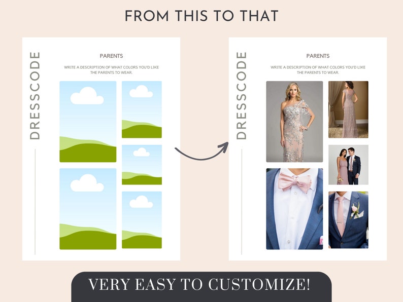May include: A guide for wedding dress codes with a section for parents. The left side shows a simple illustration of clouds and hills. The right side shows photos of people wearing formal attire. The text says "Write a description of what colours you'd like the parents to wear."