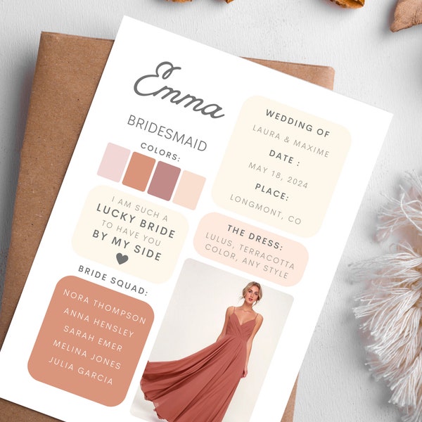 Wedding Bridesmaids Info Card Template | Asking Bridesmaid | Wedding Details Card | Bridesmaid Invite | Ask Bridesmaid