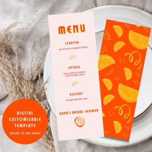 Menu de chá de panela Aperol Spritz Main Squeeze Citrus Laranja Rosa Menu de despedida de solteira Canva Modelo editável Download digital
