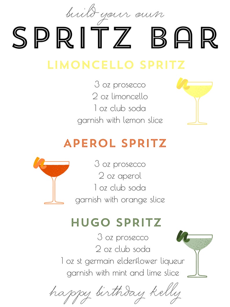 Peut inclure: Un guide imprimable pour construire un bar &agrave; Spritz avec trois recettes diff&eacute;rentes : Limoncello Spritz, Aperol Spritz et Hugo Spritz. Chaque recette comprend les ingr&eacute;dients et les garnitures n&eacute;cessaires. Le texte "happy birthday kelly" est en bas de la page.