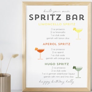 Crie sua própria placa de bar Spritz, estação Spritz Aperol Hugo Limoncello, modelo digital editável para festa de coquetel personalizado para impressão