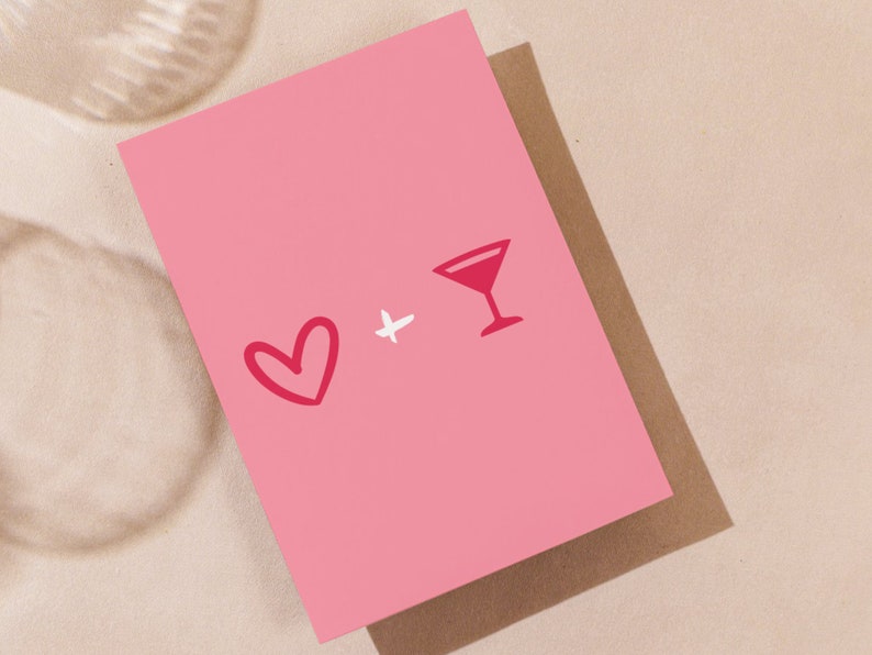 May include: Pink card with a red heart and a red cocktail glass with a white outline. The text "+" is between the heart and the glass.