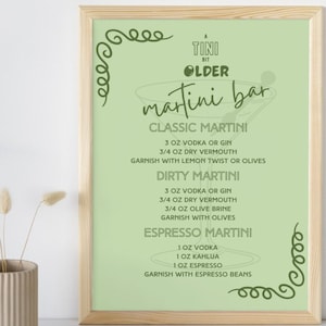 Martini Bar Schild, eine etwas ältere Geburtstagsparty, Olive Dirty Espresso Cocktail benutzerdefinierte druckbare bearbeitbare digitale Downloadvorlage