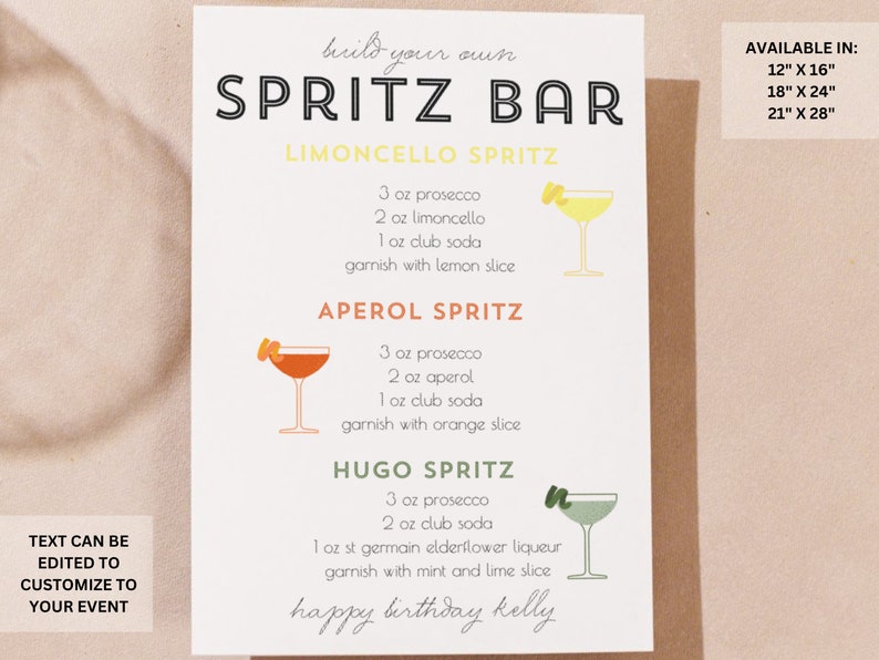 Peut inclure: Affiche imprimable pour un bar &agrave; Spritz avec des recettes de Spritz au Limoncello, de Spritz &agrave; l'Aperol et de Hugo Spritz. L'affiche est disponible en trois tailles&nbsp;: 30,5&nbsp;cm x 40,6&nbsp;cm, 45,7&nbsp;cm x 61&nbsp;cm et 53,3&nbsp;cm x 71,1&nbsp;cm.