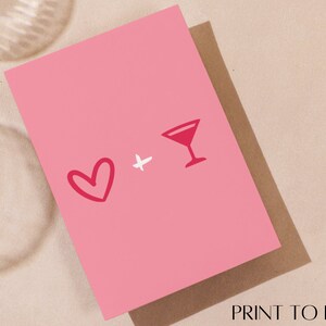 May include: Pink card with a red heart and a red cocktail glass with a white line. The text "+" is between the heart and the glass.