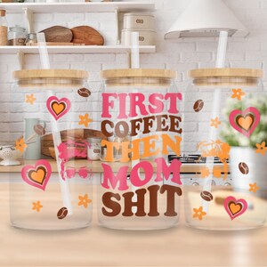 Glas Eiskaffeetasse für Mama mit Deckel, Mama Geschenk Laser gravierte Glaskaffeetasse mit Deckel und Strohhalm, Glasdose Kaffeetasse für Mama mit Deckel