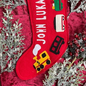 Children&#39;s Christmas Train Stocking, Custom Handmade 100% Wool Felt