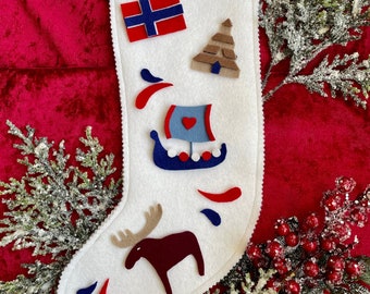 Norwegian Heritage Christmas Stocking, Norway icons, Custom Handmade 100% Wool Felt