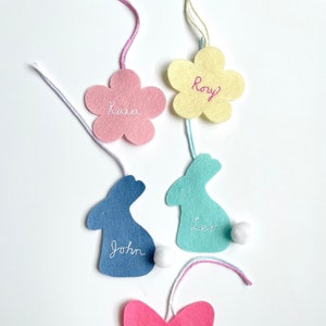 Easter Bunny Flower Butterfly Easter Basket Tag, Custom Embroidered, Shaped Gift Tag, Personalized Name, Wool Felt, Handmade Spring Decor