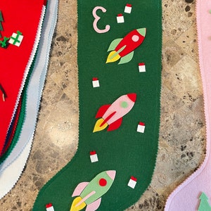 Children's Rocket Ships Christmas Stocking, Custom Handmade 100% Wool Felt, Spaceships, Outer Space image 1