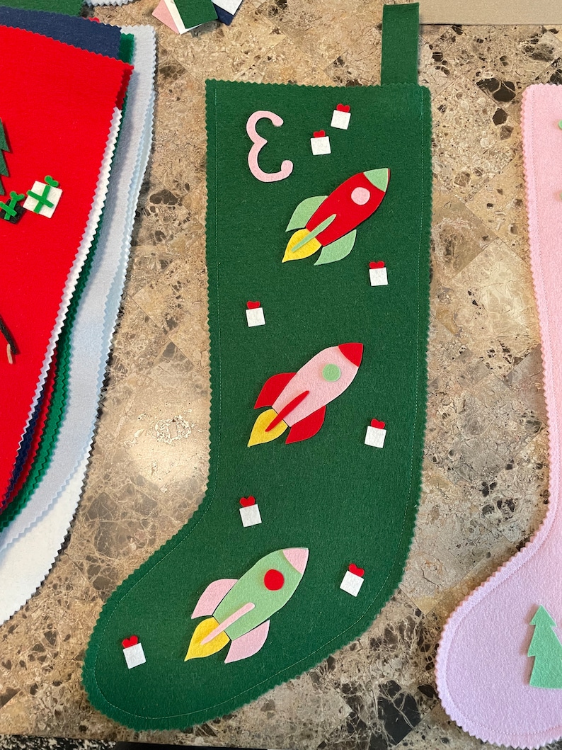 Children's Rocket Ships Christmas Stocking, Custom Handmade 100% Wool Felt, Spaceships, Outer Space image 1