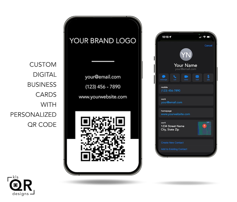 Peut inclure: Maquette de carte de visite num&eacute;rique noire et blanche sur un smartphone. La carte pr&eacute;sente un code QR, des coordonn&eacute;es et le texte "YOUR BRAND LOGO".