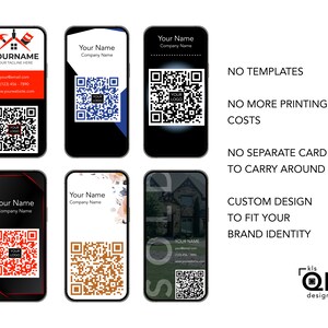 Peut inclure: Quatre designs diff&eacute;rents pour une carte de visite num&eacute;rique avec un code QR. Les designs pr&eacute;sentent une maison, un motif floral, une maison avec une fen&ecirc;tre et un design noir et blanc. Le texte sur la carte indique "Your Name, Company Name, your@email.com, (123) 456-7890, www.yourwebsite.com". Le texte sous les cartes indique "NO TEMPLATES, NO MORE PRINTING COSTS, NO SEPARATE CARD TO CARRY AROUND, CUSTOM DESIGN TO FIT YOUR BRAND IDENTITY, kis QR designs".