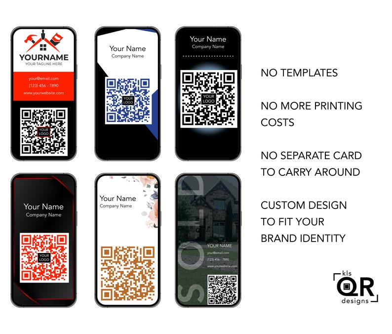 Peut inclure: Quatre designs diff&eacute;rents pour une carte de visite num&eacute;rique avec un code QR. Les designs pr&eacute;sentent une maison, un motif floral, une maison avec une fen&ecirc;tre et un design noir et blanc. Le texte sur la carte indique "Your Name, Company Name, your@email.com, (123) 456-7890, www.yourwebsite.com". Le texte sous les cartes indique "NO TEMPLATES, NO MORE PRINTING COSTS, NO SEPARATE CARD TO CARRY AROUND, CUSTOM DESIGN TO FIT YOUR BRAND IDENTITY, kis QR designs".