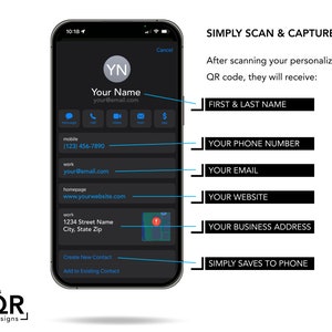 Peut inclure: Une capture d'&eacute;cran d'un t&eacute;l&eacute;phone mobile affichant une carte de contact avec la possibilit&eacute; de cr&eacute;er un nouveau contact ou d'ajouter &agrave; un contact existant. La carte de contact comprend des champs pour le pr&eacute;nom et le nom, le num&eacute;ro de t&eacute;l&eacute;phone, l'e-mail, le site Web et l'adresse professionnelle. Le texte "SIMPLY SCAN & CAPTURE" est affich&eacute; au-dessus de la carte de contact.