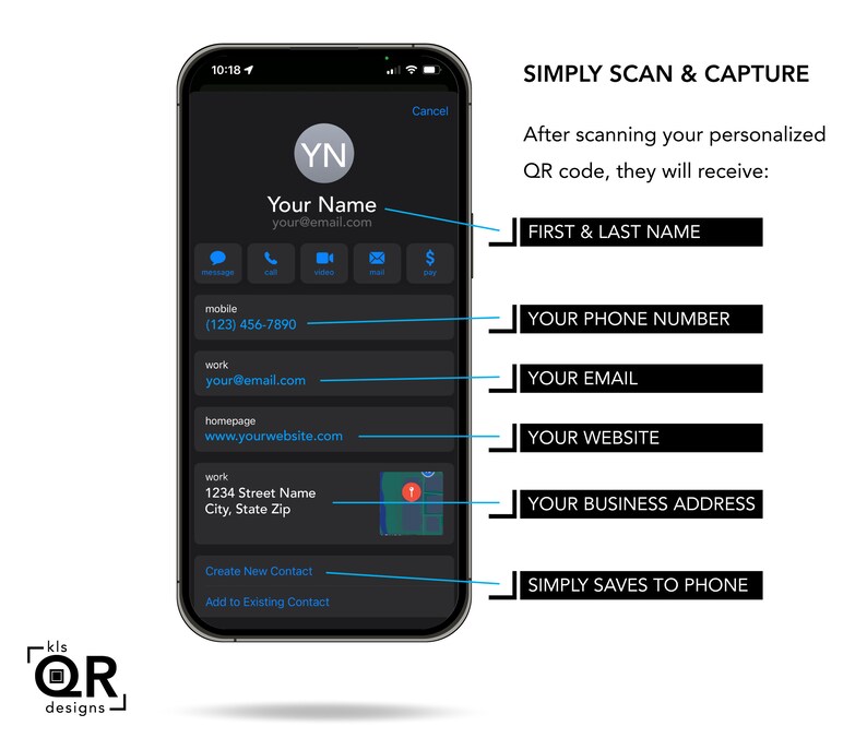Peut inclure: Une capture d'&eacute;cran d'un t&eacute;l&eacute;phone mobile affichant une carte de contact avec la possibilit&eacute; de cr&eacute;er un nouveau contact ou d'ajouter &agrave; un contact existant. La carte de contact comprend des champs pour le pr&eacute;nom et le nom, le num&eacute;ro de t&eacute;l&eacute;phone, l'e-mail, le site Web et l'adresse professionnelle. Le texte "SIMPLY SCAN & CAPTURE" est affich&eacute; au-dessus de la carte de contact.