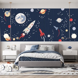 Camera dei bambini con carta da parati spaziale. Peel & Stick e tradizionale, rimovibile. Adesivo murale con astronavi