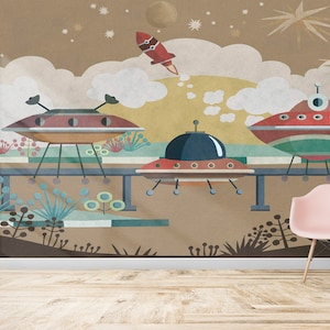Spazio carta da parati Kids Room. Peel & Stick e tradizionale, sfoderabile. Murale di adesivi murali di astronavi