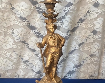 13.5" Antique Heavy Gold Metal Soldier Candlestick Candle Holder