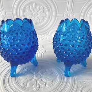 Vintage Fenton Colonial Blue Hobnail Glass Vases - Pair of 5&quot; Footed Vases