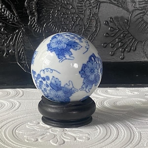 Vintage Chinoiserie Carpet Ball with Wood Stand: Blue & White Grapes Decor
