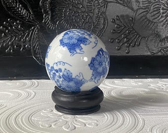 Vintage Chinoiserie Carpet Ball with Wood Stand: Blue & White Grapes Decor
